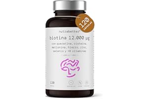 Biotina 12.000 mcg con Queratina, Cisteína, Metionina, Hierro, Zinc, Selenio y +6 Vitaminas | 120 cápsulas | Crecimiento y anticaída cabello | Uñas y piel radiante | nutrabetter®