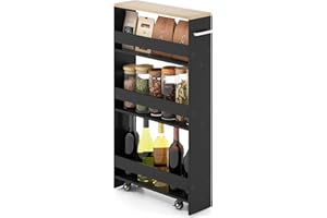 GIANTEX Carrello per Nicchia con Ruote, 4 Livelli，Carrello di Servizio Stretto Salvaspazio, Carrello da Bagno, Scaffale da Cucina Sottile Multiuso 47,5 x 13 x 80,5 cm (Nero+Naturale)