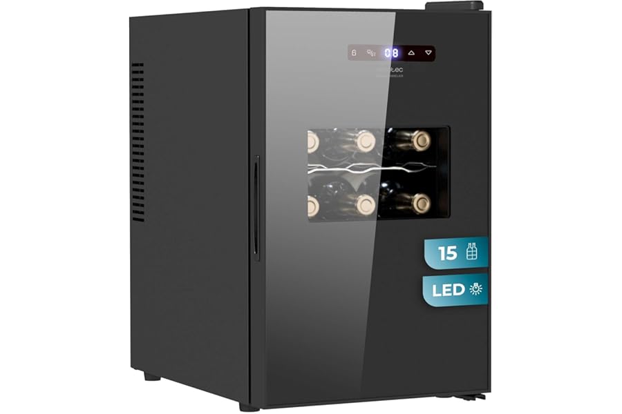 Cecotec GrandSommelier 1550 CoolCrystal Bolero Wine Cellar, 15 Bottles, Thermoelectric, Silent 35dB, Temperature 5-18ºC, Touch Panel, Interior LED, Eco-Friendly, Elegant and Modern Design