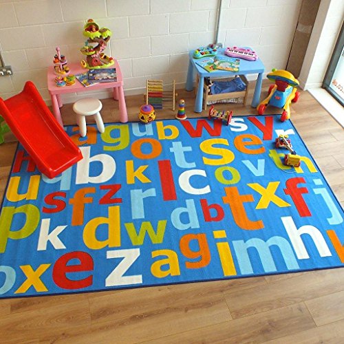 Superb Kids / Childs Rug Blue Multi Coloured Large Alphabet Educational 200cm x 300cm (6'6 x 9'9 approx)