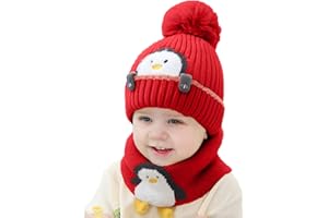RAYSON Gorros para Niño Niña Bebé Otoño Invierno Linda Pequeño pingüino Niños Gorro de Punto Acolchado y Bufanda Traje de 2 Piezas