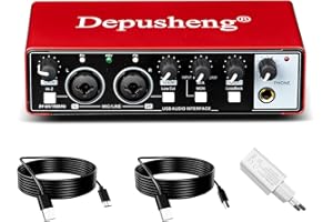 Depusheng 2i2 USB-Audio-Interface, 24 Bit/192 kHz, 48 V Phantomspeisung, Plug & Play für Podcast/Gesang/Gitarre, PC/Mac/iOS-kompatibel, Rotes Metall