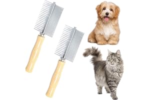 JULIYEH Pettine per cani in acciaio inox, 2 pezzi, pettine per pulci a doppia faccia con manico in legno per animali domestici di taglia media e grande