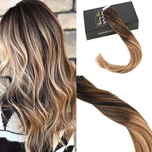 Sunny Remy Straight Tape Balayage Hair 20pcs/50g Ombre Darkest Brown to Brown mixed Caramel Blonde Skin Weft Human Hair Extensions 24inch