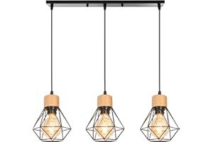 TOKIUS Suspension Luminaire Vintage Industrielle Lustre Abat-jour en Métal et Bois Ø160mm Plafonnier E27 avec Bois Rétro Pour Salon Cuisine Chambre (B-avec barre)