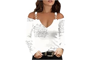 Masrin Trendige Oberteile Damen Sexy Schulterfreie Bluse Trägerloses V-Ausschnitt Langarmshirt Leopard Brief Motiv Tunika Kettenträgern Oberteile Longsleeve Regular Fit Pullover Shirt Y2k Streetwear