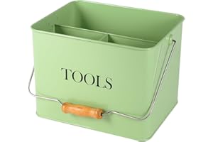 Xbopetda Garden Tool Storage, Metal Garden Tool Holder with Wooden Handle, 3 Compartments Garden Kitchen Caddy Tool Organiser, Gardening Tool Kit Holder Empty, Green Garden Hand Tool Storage Box