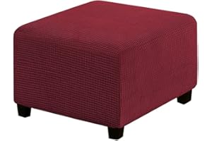 Highdi Ottoman Cover Rectangle Jacquard Square Stretch Footstool Slipcover with Elastic Bottom, Footrest Stool Protector for Living Room Bedroom, Removable Washable Pouffe Covers (Burgundy Red,Small)