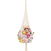 Amaca giocattolo con rete per giocattoli in macramè, per animali di peluche, con nappe, per bambini, stanza dei giochi, camera da letto (blu e giallo
