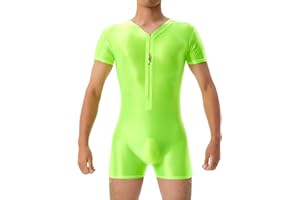AIEOE Oil Shiny Bodysuit for Men High Elastic Bodysuit Oil-shiny Wrestling Singlets Zip Front Leotard Boxer Shorts Basic Jumpsuit One-piece Bodysuit for Loungewear