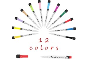 TongFu Rotuladores Pizarra Blanca de 12 Colores, Borrable Rotulador Pizarra Blanca con Esponja e Imán, Colores Brillantes, Duraderos, Seguros, Rotuladores Pizarra para Pizarras Blancas, Cristal, Metal