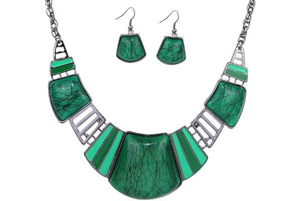 YAZILIND Vintage Ethnique Collier tibetain Sliver Bib Turquoise Collier Boucles d'oreilles Ensemble de Bijoux Femmes