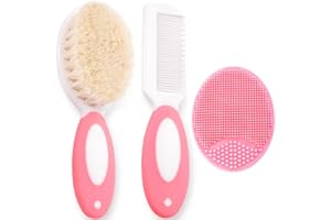 WAWTOOK Baby Hair Brush and Comb Set for Newborns & Toddlers | Natural Soft Goat Bristles | with Silicone Cradle Cap Brush | Ideal for Cradle Cap | Perfect Baby Registry Gift (Pink)