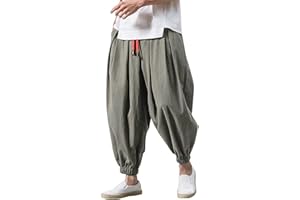 BIISDOST Pantaloni baggy da uomo, in stile harem/giapponese, in cotone e lino, con elastico in vita, pantaloni casual per tempo libero, casa, yoga, lunghi, traspiranti, ampi, disponibili in taglie forti.