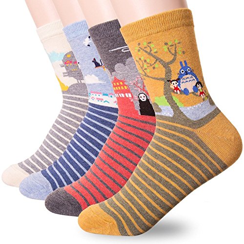 Happytree, calcetines para mujer, 3  6 unidades, divertidos y geniales gatos, perros, diseño de animales dulces, buena idea para regalo, talla única Multicolor Miyazaki Hayao 4 Pairs Talla única