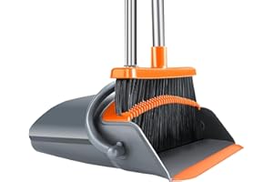 CCMRCQ Upgrade Large Broom and Dustpan, Broom and Dustpan Set, Heavy Duty Dust Pan with 53 Inch Long Handle Upright Dustpan Broom Set, Broom for Indoor Outdoor Garage Kitchen Room Office Lobby Use (Orange)