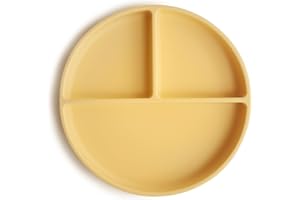 ‎MUSHIE Mushie Silikonowy Talerz Podzielony z Przyssawką Antypoślizgową, dla Niemowląt i Małych Dzieci. Materiał: Silikon Klasy Spożywczej, Nadaje się do Zmywarki i Kuchenki Mikrofalowej (Pale Daffodil)