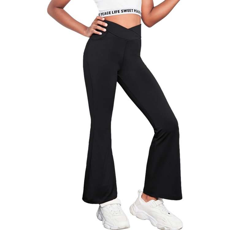 Haloumoning Girls' Flared Yoga Leggings - High Waist, Bootcut, Pockets (Sizes 4-14 Years)