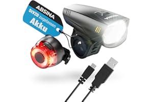 ABSINA Zestaw świateł rowerowych LED z akumulatorem – dopuszczone do ruchu drogowego o jasności 180 lumenów, zasięg 200 m, odporne na deszcz i ładowanie przez USB – oświetlenie rowerowe przednie i