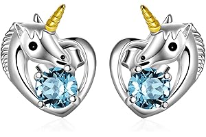 AOBOCO Orecchini a perno a forma di unicorno, in argento Sterling 925, con cristalli Swarovski, idea regalo per ragazze e Argento, colore: Blu, cod. PYE0775