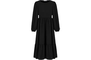 Arshiner Girls Dress Lantern Sleeve Casual Round Neck Long Dresses Kids A-Line Swing Dress Festive Party Dresses for Children with Pocket 6-14 Years