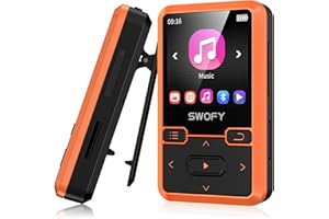 SWOFY 32GB Clip MP3 Player Bluetooth 5.0, Portable Wearable Sports Music Player, Ultra Light Hi-Fi Lossless Sound Quality MP3 Player for Kids, FM Radio Support, Pedometer, Max 128GB (Orange)