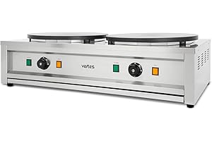 VERTES Double Crêpes Maker incl. distributore in legno (6000 watt, piastra riscaldante 2x 40 cm, rivestimento antiaderente, temperatura regolabile in continuo da 50-300 °C, Acciaio Inox)