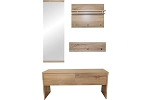 ‎NATSEN Natsen Garderobenset Flurgarderobe, Holz Garderobenständer mit Spiegel, Haken, Sitzbank, Schublade, freistehende Garderobe Kleiderstange, für Kleidung Hüte Taschen