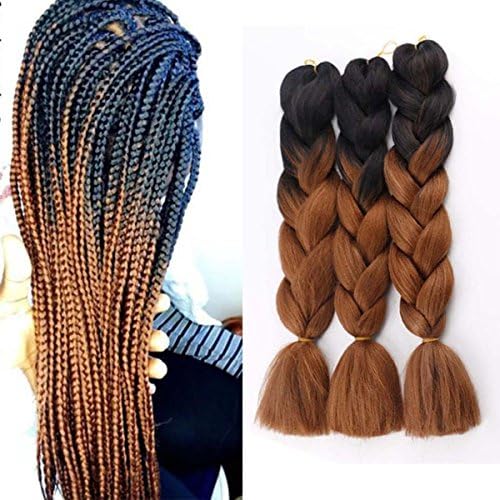 Jumbo Braiding Hair Extensions Colorful Synthetic Kanekalon Hair for DIY Crochet Box Braids Ombre 2Tone Black-Brown 3Pcs 100g/Pcs 24Inches