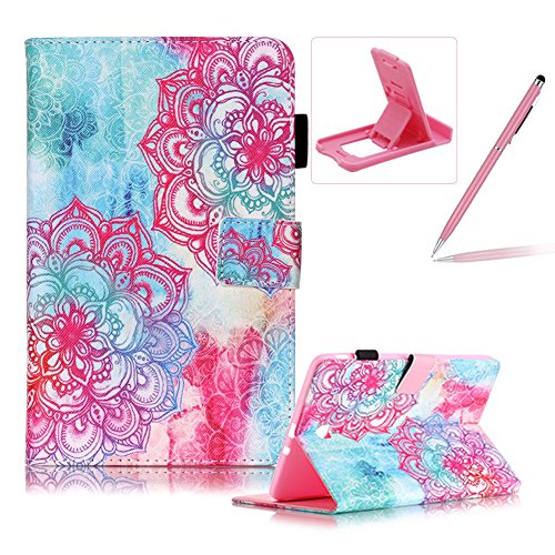 Für Samsung Galaxy Tab E 9.6 Zoll SM-T560 Leder Tasche Hülle,Für Samsung Galaxy Tab E 9.6 Zoll SM-T560 Leichter Wallet Kickstand Hülle,Herzzer Mode Hübsch [Feurige Blumen Gedruckt] Shockproof Kratzfest PU leder Mappen Geldbeutel Folio Abdeckung mit Karte Bargeld Schlitz Weiche TPU Innere Kasten Hülle Case für Samsung Galaxy Tab E 9.6 Zoll SM-T560 + 1 x Frei Rosa Handy Halterung Ständer + 1 x Frei Rosa Stift Stylus