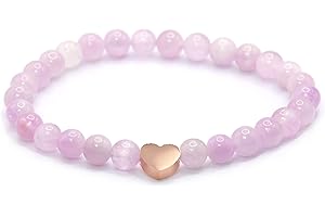 LAKADA Bracelet en kunzite véritable pierre précieuse avec perles rondes de 6mm et cœur en acier inoxydable - différentes longueurs - bracelet en pierres précieuses porte-bonheur talisman cadeau