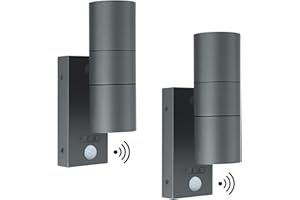 Kerry Outside Wall Lights with Sensor, IP65 Waterproof Up Down Outdoor Lighting, External Pir Wall Mount Security Light, Anthracite Grey Stainless Steel Exterior Mains Powered - 2 Pack (Bulb Excl.)
