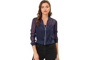Allegra K Blouson Femme en Tulle Transparent à Fermeture éclaire Veste Léger en Maille Printemps/été Bomber Aviateur à Manches Longues