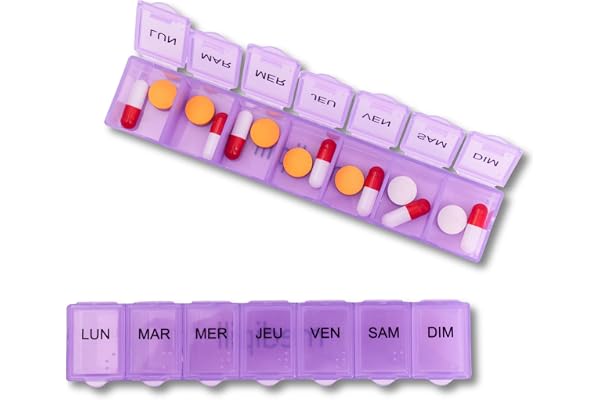 MEDIPILL - Pilulier Semainier Français | Pilulier 7 jours - 7 Compartiments | Compact et Durable | Sans BPA | Violet | Une Pièce | MED-S7-V