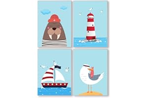 WK Pandawal Kinderzimmer Deko Bilder für Junge und Mädchen Maritim Segeln, Möwen 4er Poster Set (S6) Kinderposter im DIN a4 Format