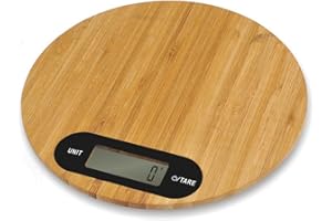 PRITECH - Bilancia digitale in bambù resistente per cucina, peso massimo 5 kg e alta precisione, spegnimento automatico e funzione tara, batteria inclusa (rotonda)