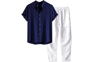 POIUIYQA Conjunto de 2 piezas de algodón y lino para hombre, camisa y pantalones de manga corta con botones, traje casual suelto para verano, playa, yoga