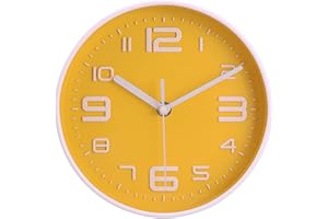 Topkey Reloj de pared redondo silencioso de 8 pulgadas, fácil lectura, números grandes, cocina, moderno, sin tictac, decorativo, para dormitorio, oficina, escuela, color amarillo