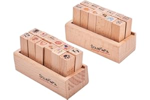 WANDIC - Mini timbri in legno, in gomma, 24 pezzi, 2 diversi timbri a tema con scatola di legno per fai da te, creazione di biglietti e scrapbooking