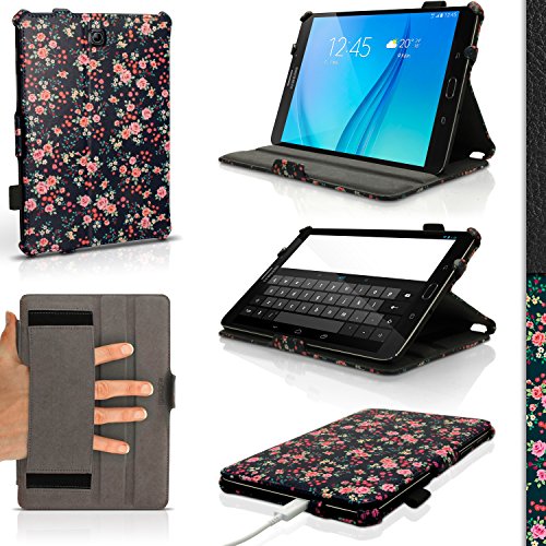 igadgitz Pink Rosen Blumen Muster PU Ledertasche Hülle Cover für Samsung Galaxy Tab S2 8'' SM-T710 mit Multi-Winkel Betrachtungs + Auto Sleep/Wake + Handschlaufe + Displayschutzfolie