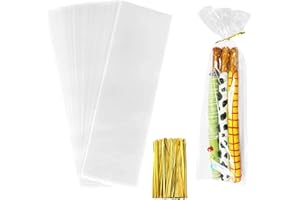 HDKAJL 200 Bolsas de Celofán, Bolsas para Galletas, Bolsas de Regalo Transparentes, Bolsas para Dulces con Lazos Dorados, Bolsas de Plástico para Galletas, Dulces, Chocolates, Pan, Pasteles
