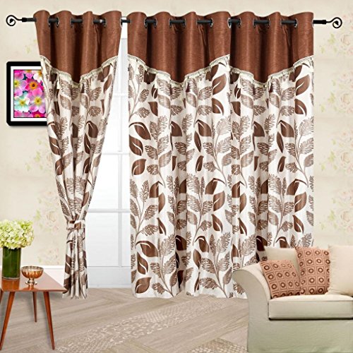 Cortina Polyester Decorative Eyelet Fitting Window Curtains, 1.6 Inch Gourment, Pack of 2 Printed Window Curtains for Bedroom, Kitchen, Kids or Living Room- Coffee (150 X 115 cm)