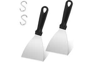 Joyfair 2 Pieces Griddle Scraper, Stainless Steel Slant Edge Grill Scrapers for Food Service/Cooking/Cleaning, Ideal for BBQ Indoor & Outdoor, Black Plastic Handle, Dishwasher Safe