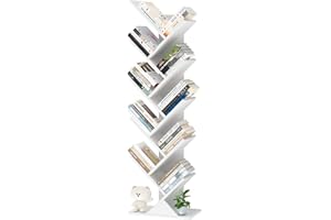 LELELINKY libreria ad albero, scaffale verticale a 10 livelli per libri/CD/riviste, libreria DVD in legno, per soggiorno, camera da letto e ufficio, bianco