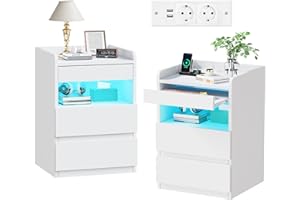 BEWISHOME Set di 2 Comodino,con Scomparto Nascosto(2Cassetti),Comodino con presa,Semplice e Versatile,con Funzione di ricarica,per Soggiorno,Camera da letto (bianco) EFCG02W