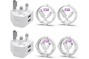 AYNGWRNB iPhone Charger [MFi Certified] 2Pack Dual USB Wall Plug Adapter UK 2.4A Mains Charger with 4Pack Lightning Cable 3/3/6/6 FT Fast Charging Cable for iPhone 14/13/12/11 Pro Max/S/XS/X/XR/8/7/6/Plus/5