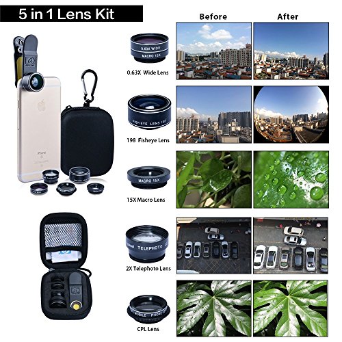 APEXEL Deluxe Universal 5 in 1 Clip-On-Kamera-Objektiv-Kit, 198 Grad Fisheye + 0,63 X Weitwinkelobjektiv und 15X Makroobjektiv, 2X Teleskopobjektiv + CPL Objektiv fÃ¼r iPhone 7/6/6 Plus / SE, Samsung Galaxy s6 / s6 Rand, s7 / s7 Edge, HTC, Huawei und die meisten Smartphones