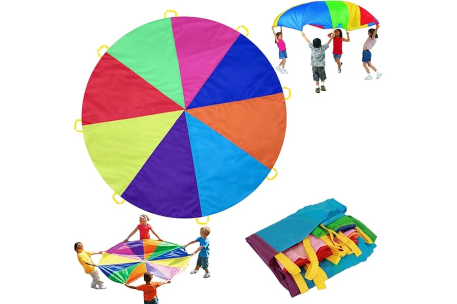 Dimoxii 6.5 FT/13.1 FT Rainbow Parachute with 8 Handles/20 Handles, Gymnastics Play Circus Games for Kids, School Playground Outdoor Activities, Indoor Sports Equipment
