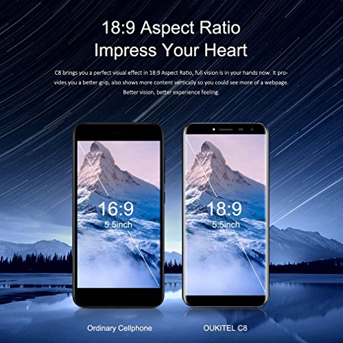 OUKITEL C8 3G Smartphone Android 7.0 5.5Zoll FHD Gorilla Glasschirm 2GB RAM+16GB ROM 3000mAh Akku 5MP Frontkamera+13MP Hauptkamera 1280 * 624 Pixel Fingerabdruck 12V/2A Flash Charge 1,3 GHz Quad Core Dual-SIM (Schwarz)
