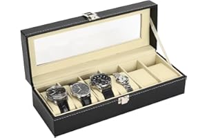 Dyaucwpo Porta Orologi a 6 Posti, Scatola Porta Orologi in PU con Coperchio in Vetro, Scatola Portagioielli per Orologi Uomo e Donna, Idea Regalo, Nero